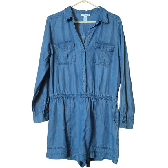 Daily Ritual Women's Size 10/14/42 Long Sleeve Button Romper Shorts Jumpsuit - Picture 1 of 6